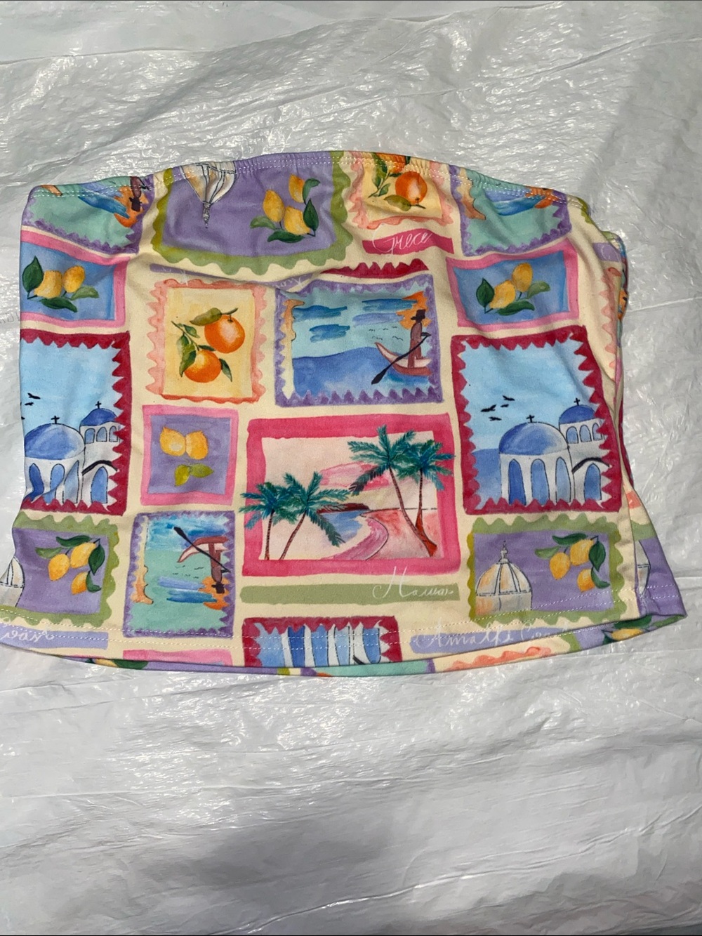 Tropical Postcard Print Tube Top — Pastel Multi